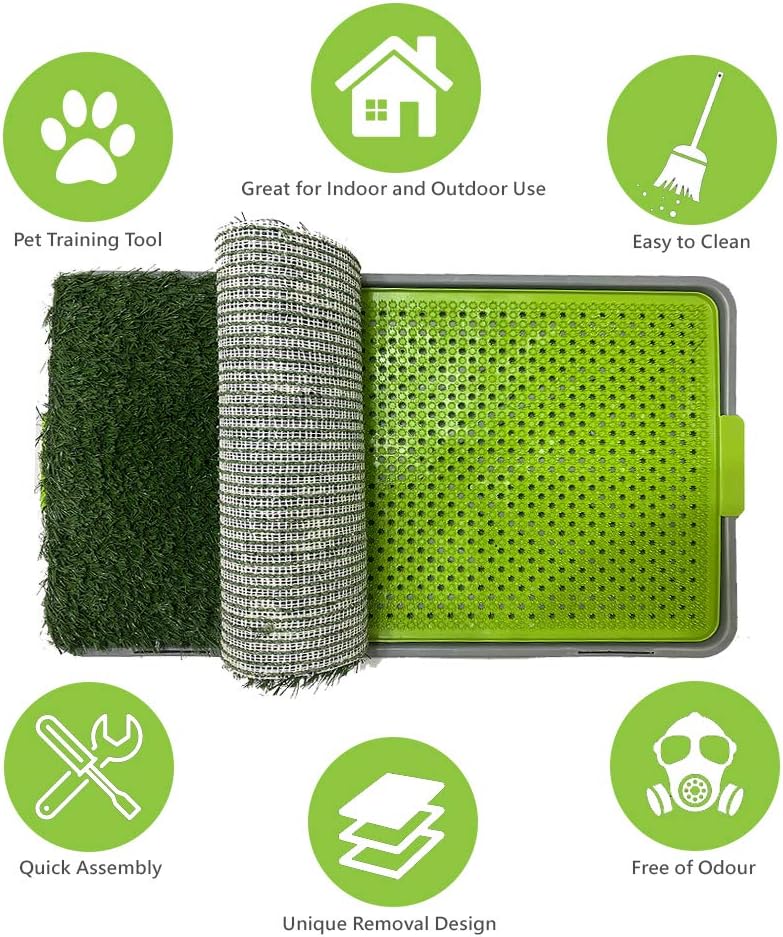 Dog Potty with Artificial Grass-Reusable 3-Layer Synthetic Training Tray That Acts Like a Dog Litterbox-Fake Grass That Dogs Prefer Over Dog Pee Pads or Puppy Pad