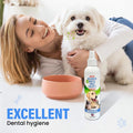 Happy dog with owner using dog dental spray for oral hygiene
